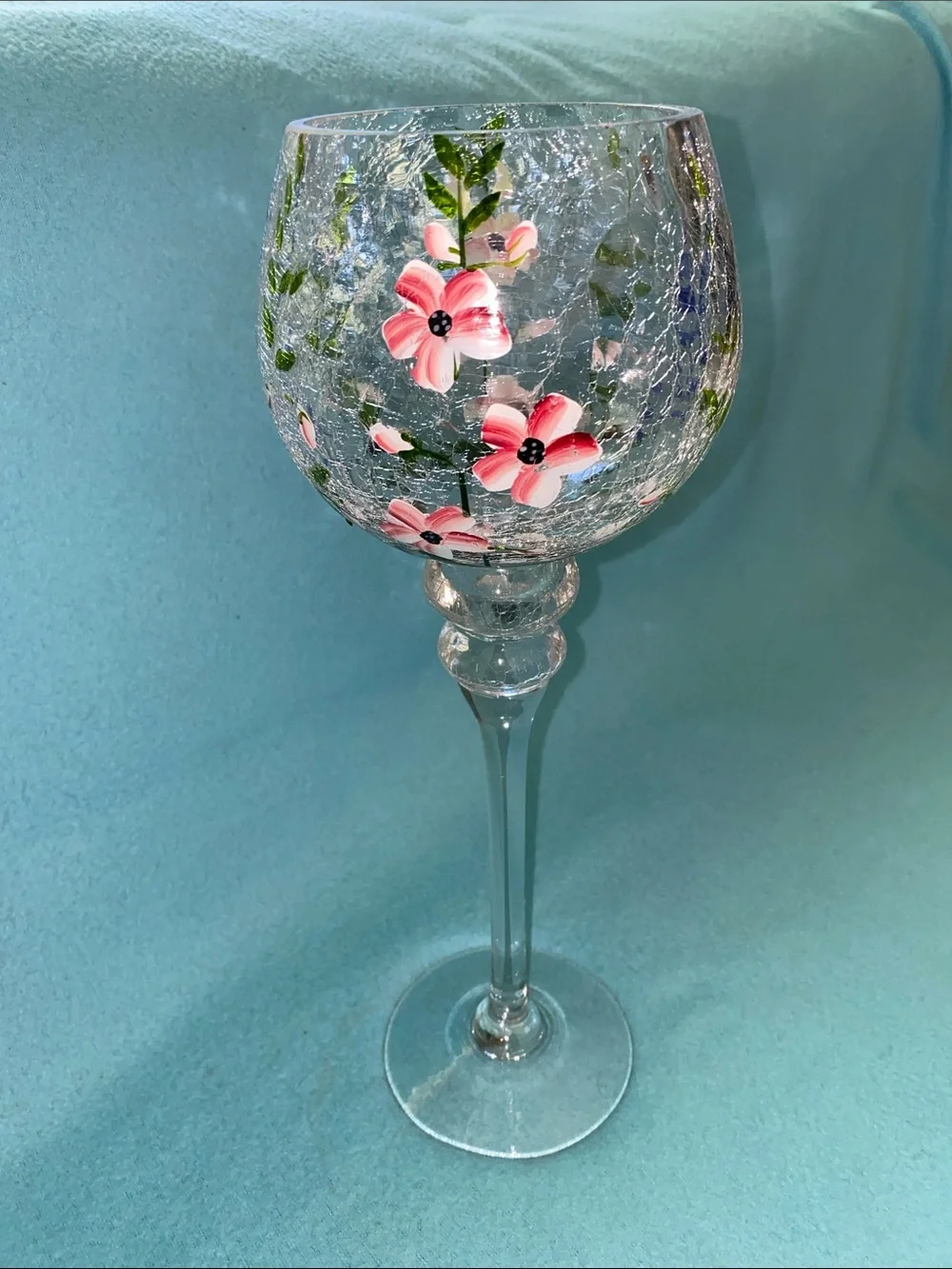 YANKEE CANDLE hand painted floral crackle glass vintage votive holder size 14”